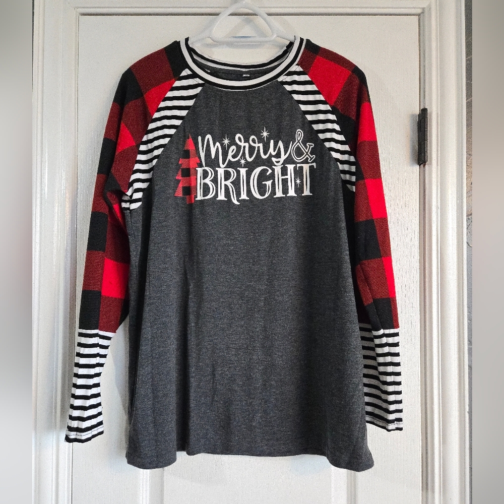 Merry & Bright Raglan Holiday Top - Gray with Red Buffalo Plaid